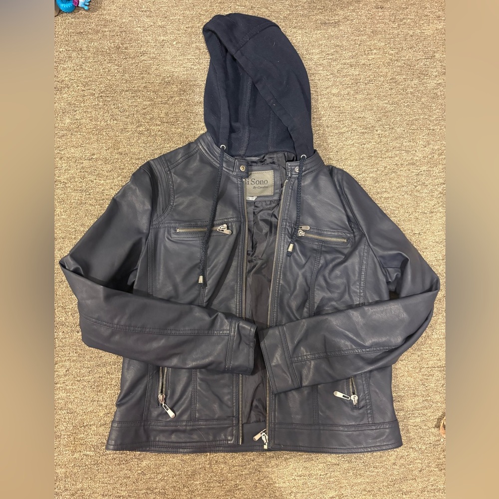 Women’s Blue Leather Jacket with Hood